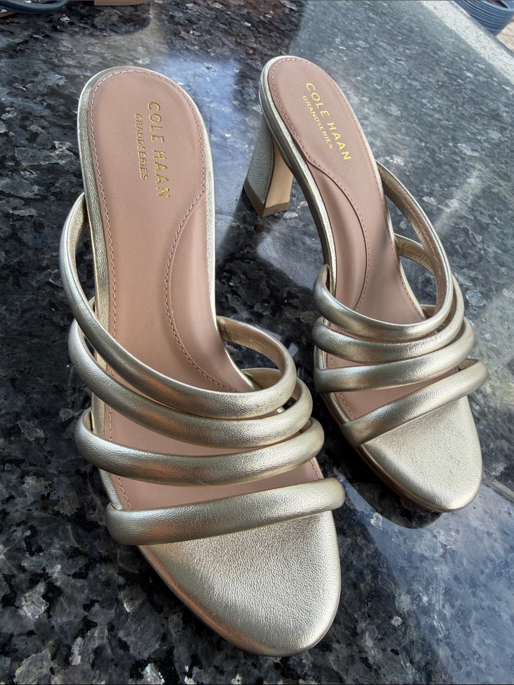 Cole Haan Gold Multi-Strap Block Heel Sandals
